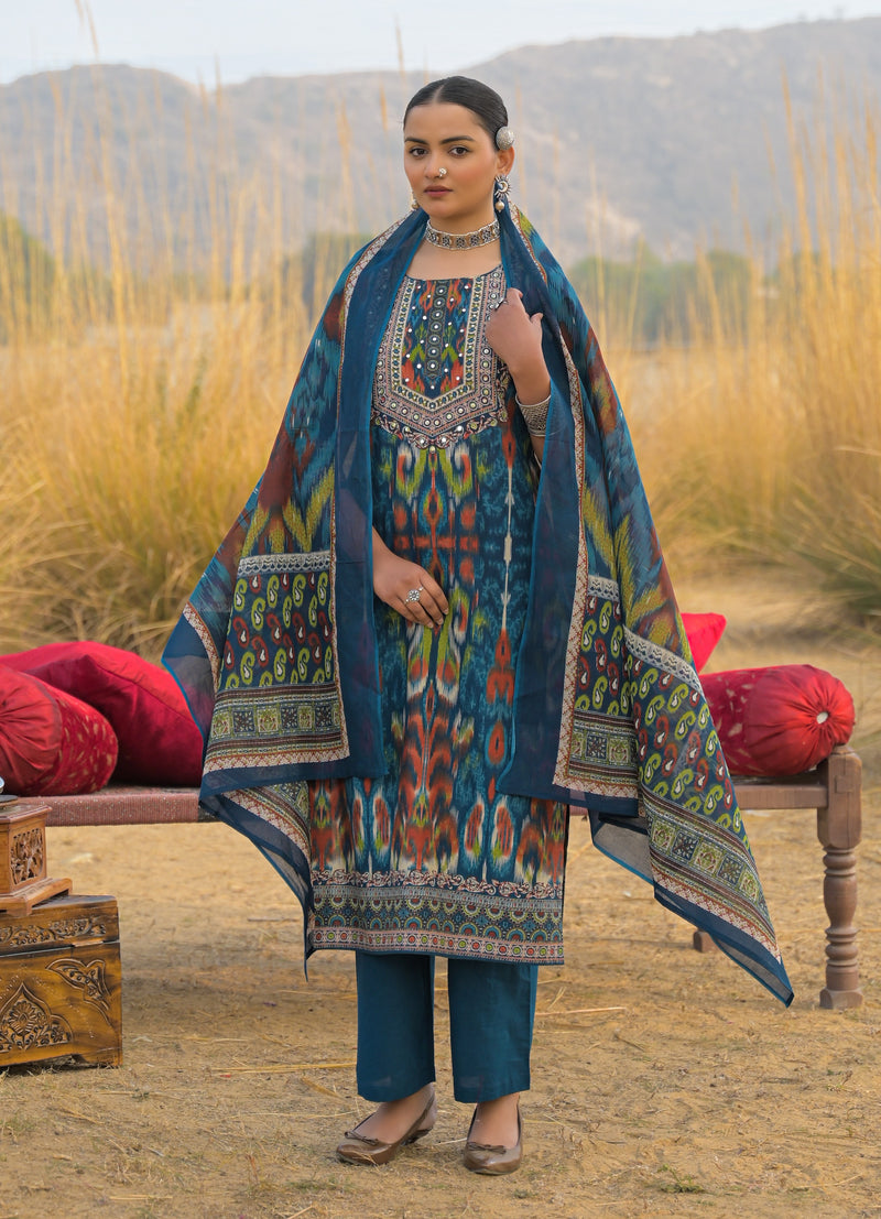 Stylum Women's Teal Ikat Printed Cotton Straight Kurta Pant Dupatta Set (KPDTEALAZOTRE)