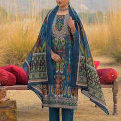 Stylum Women's Teal Ikat Printed Cotton Straight Kurta Pant Dupatta Set (KPDTEALAZOTRE)