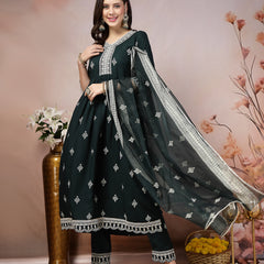 Stylum Women's Teal Ethnic Motif Khadi Printed & Embroidered Rayon Flared Kurta Pant Dupatta Set (KPDTEALBIBA)