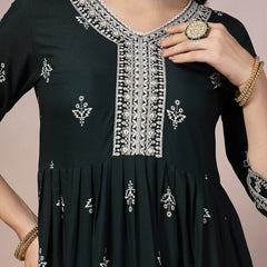 Stylum Women's Teal Ethnic Motif Khadi Printed & Embroidered Rayon Flared Kurta Pant Dupatta Set (KPDTEALBIBA)