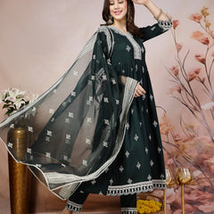 Stylum Women's Teal Ethnic Motif Khadi Printed & Embroidered Rayon Flared Kurta Pant Dupatta Set (KPDTEALBIBA)