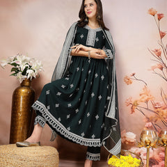 Stylum Women's Teal Ethnic Motif Khadi Printed & Embroidered Rayon Flared Kurta Pant Dupatta Set (KPDTEALBIBA)