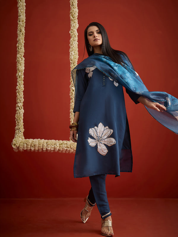 Stylum Women's Teal Solid & Embroidered Printed Rayon Straight Kurta Pant Dupatta Set (KPDTEALCHIRUTA)