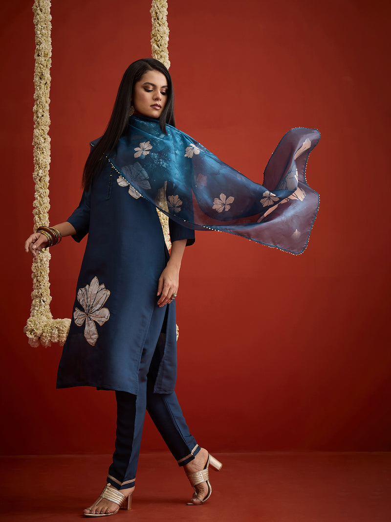 Stylum Women's Teal Solid & Embroidered Printed Rayon Straight Kurta Pant Dupatta Set (KPDTEALCHIRUTA)