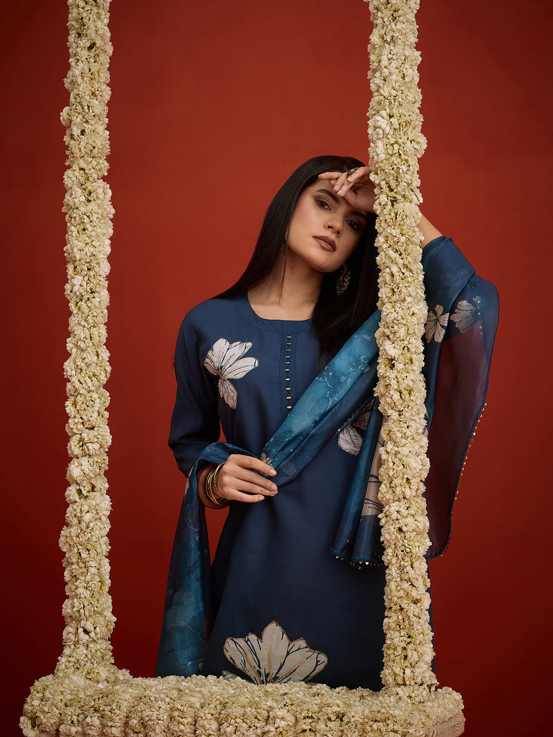 Stylum Women's Teal Solid & Embroidered Printed Rayon Straight Kurta Pant Dupatta Set (KPDTEALCHIRUTA)