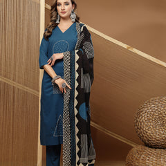 Stylum Women's Teal Solid & Embroidered Rayon Straight Kurta Pant Dupatta Set (KPDTEALCIRCUS)