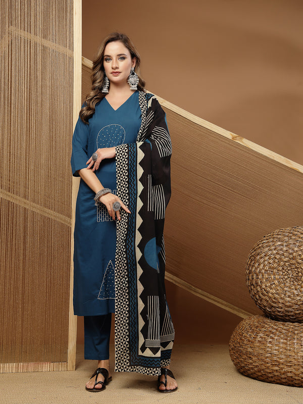 Stylum Women's Teal Solid & Embroidered Rayon Straight Kurta Pant Dupatta Set (KPDTEALCIRCUS)