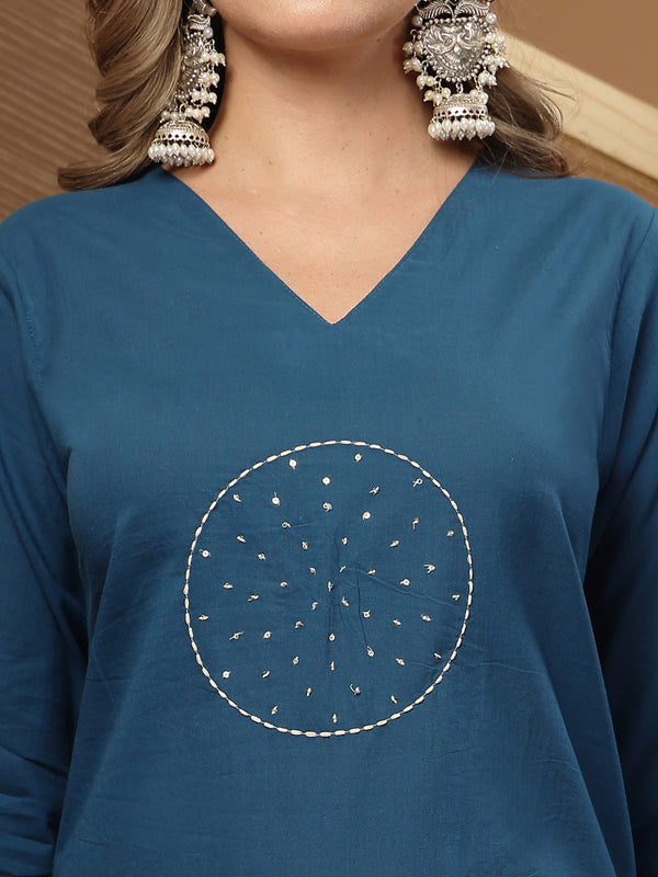 Stylum Women's Teal Solid & Embroidered Rayon Straight Kurta Pant Dupatta Set (KPDTEALCIRCUS)