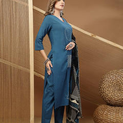 Stylum Women's Teal Solid & Embroidered Rayon Straight Kurta Pant Dupatta Set (KPDTEALCIRCUS)