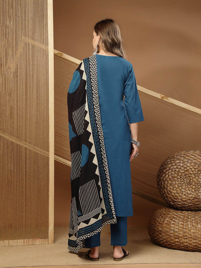 Stylum Women's Teal Solid & Embroidered Rayon Straight Kurta Pant Dupatta Set (KPDTEALCIRCUS)