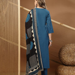 Stylum Women's Teal Solid & Embroidered Rayon Straight Kurta Pant Dupatta Set (KPDTEALCIRCUS)