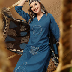 Stylum Women's Teal Solid & Embroidered Rayon Straight Kurta Pant Dupatta Set (KPDTEALCIRCUS)