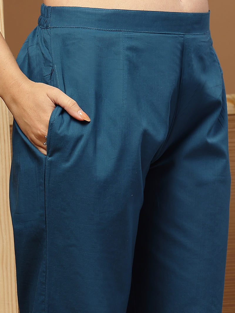 Stylum Women's Teal Solid & Embroidered Rayon Straight Kurta Pant Dupatta Set (KPDTEALCIRCUS)