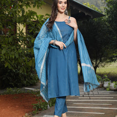 Stylum Women's Teal Woven Design Cotton Blend Straight Kurta Pant Dupatta Set (KPDTEALCOP)