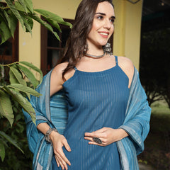 Stylum Women's Teal Woven Design Cotton Blend Straight Kurta Pant Dupatta Set (KPDTEALCOP)