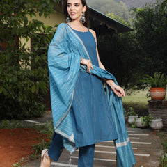 Stylum Women's Teal Woven Design Cotton Blend Straight Kurta Pant Dupatta Set (KPDTEALCOP)