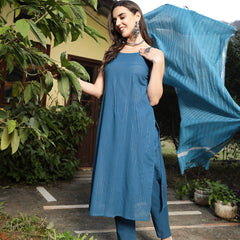Stylum Women's Teal Woven Design Cotton Blend Straight Kurta Pant Dupatta Set (KPDTEALCOP)