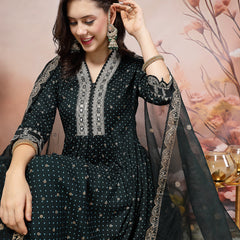 Stylum Women's Teal Bandhani Printed & Embroidered Rayon Flared Kurta Pant Dupatta Set (KPDTEALGALIB)