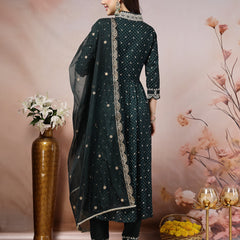 Stylum Women's Teal Bandhani Printed & Embroidered Rayon Flared Kurta Pant Dupatta Set (KPDTEALGALIB)