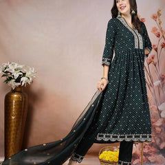 Stylum Women's Teal Bandhani Printed & Embroidered Rayon Flared Kurta Pant Dupatta Set (KPDTEALGALIB)