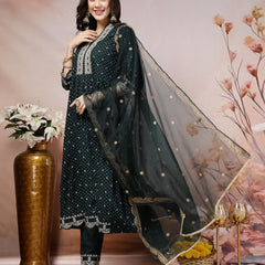 Stylum Women's Teal Bandhani Printed & Embroidered Rayon Flared Kurta Pant Dupatta Set (KPDTEALGALIB)