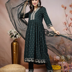 Stylum Women's Teal Bandhani Printed & Embroidered Rayon Flared Kurta Pant Dupatta Set (KPDTEALGALIB)