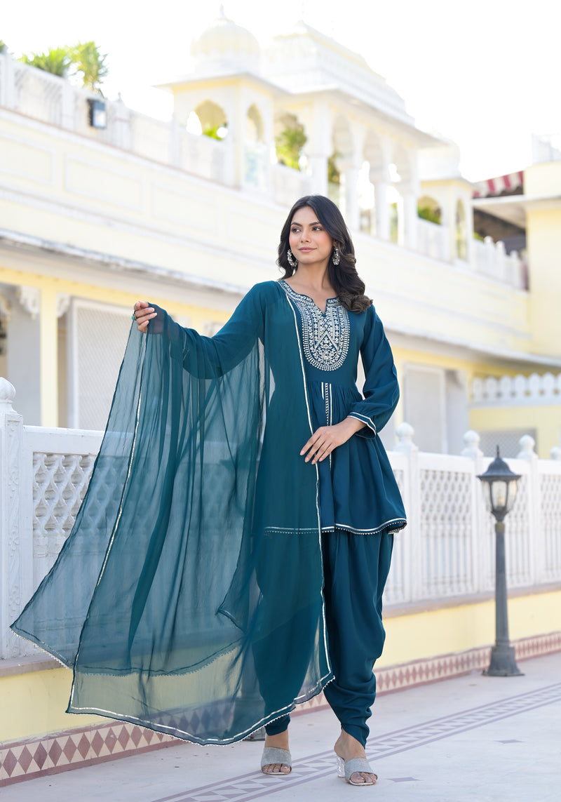 Stylum Women's Embroidered & Embellished Rayon Pleated Kurti with Dhoti Pant & Dupatta (KPDTEALGIA)