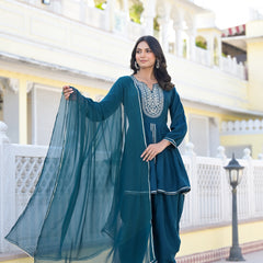 Stylum Women's Embroidered & Embellished Rayon Pleated Kurti with Dhoti Pant & Dupatta (KPDTEALGIA)