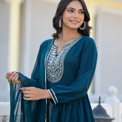 Stylum Women's Embroidered & Embellished Rayon Pleated Kurti with Dhoti Pant & Dupatta (KPDTEALGIA)