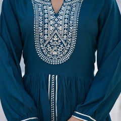 Stylum Women's Embroidered & Embellished Rayon Pleated Kurti with Dhoti Pant & Dupatta (KPDTEALGIA)