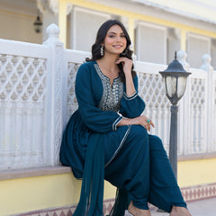 Stylum Women's Embroidered & Embellished Rayon Pleated Kurti with Dhoti Pant & Dupatta (KPDTEALGIA)