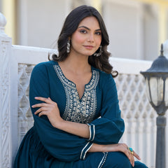 Stylum Women's Embroidered & Embellished Rayon Pleated Kurti with Dhoti Pant & Dupatta (KPDTEALGIA)