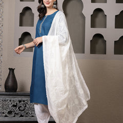 Stylum Women's Solid Cotton Blend Straight Kurta Pant Dupatta Set (KPDTEALJESIKA)