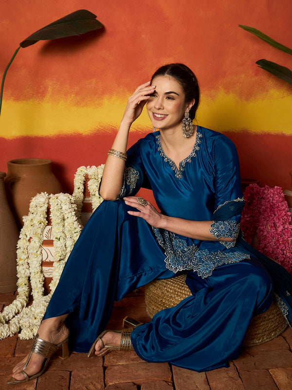 Stylum Women's Teal Solid & Embroidered Silk Blend Straight Kurti Palazzo Dupatta Set (KPDTEALKAPOOR)