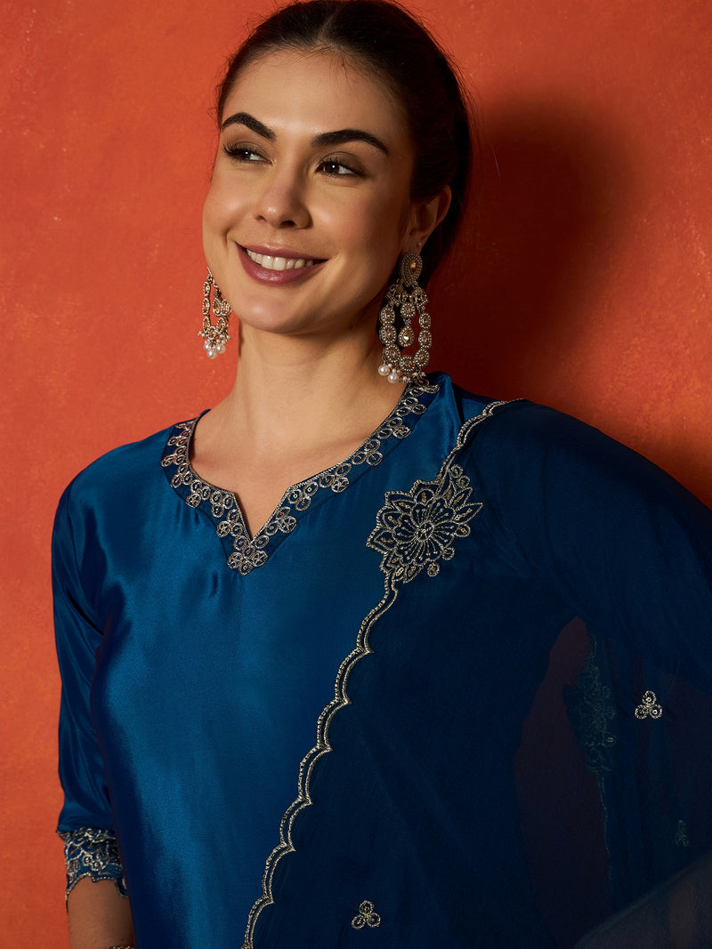 Stylum Women's Teal Solid & Embroidered Silk Blend Straight Kurti Palazzo Dupatta Set (KPDTEALKAPOOR)