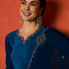 Stylum Women's Teal Solid & Embroidered Silk Blend Straight Kurti Palazzo Dupatta Set (KPDTEALKAPOOR)