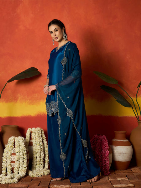 Stylum Women's Teal Solid & Embroidered Silk Blend Straight Kurti Palazzo Dupatta Set (KPDTEALKAPOOR)