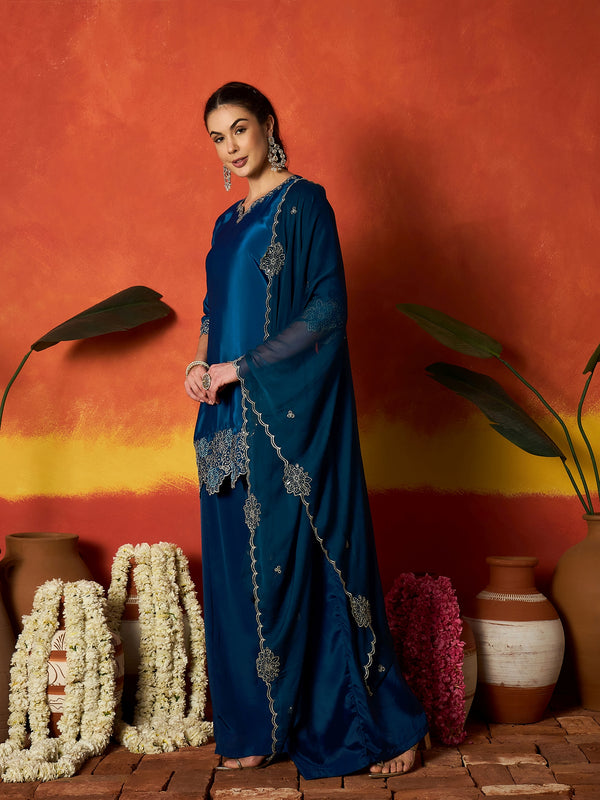 Stylum Women's Teal Solid & Embroidered Silk Blend Straight Kurti Palazzo Dupatta Set (KPDTEALKAPOOR)