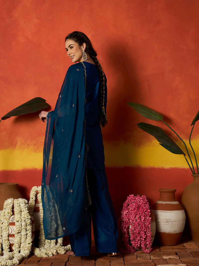 Stylum Women's Teal Solid & Embroidered Silk Blend Straight Kurti Palazzo Dupatta Set (KPDTEALKAPOOR)