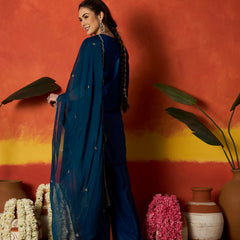 Stylum Women's Teal Solid & Embroidered Silk Blend Straight Kurti Palazzo Dupatta Set (KPDTEALKAPOOR)
