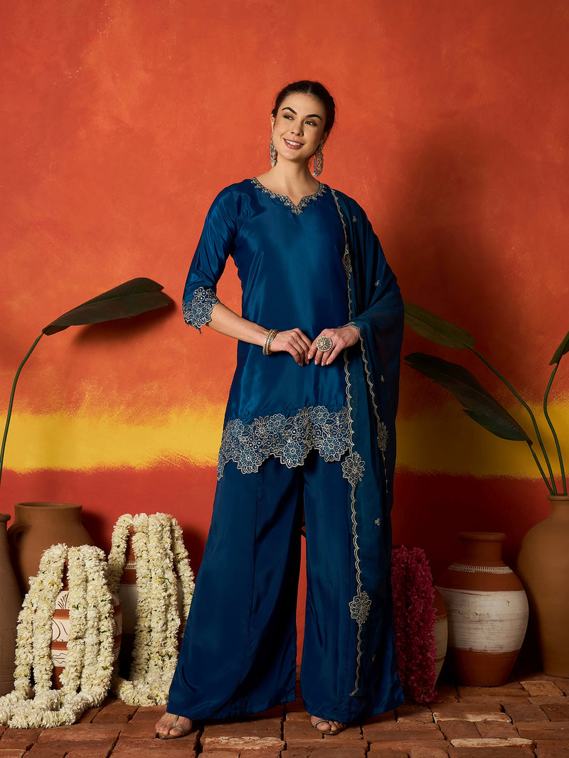 Stylum Women's Teal Solid & Embroidered Silk Blend Straight Kurti Palazzo Dupatta Set (KPDTEALKAPOOR)
