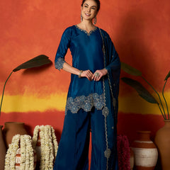 Stylum Women's Teal Solid & Embroidered Silk Blend Straight Kurti Palazzo Dupatta Set (KPDTEALKAPOOR)