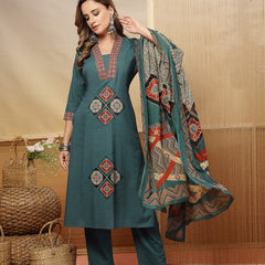 Stylum Women's Teal Solid Cotton A-Line Kurta Pant Dupatta Set (KPDTEALLIFAFA)