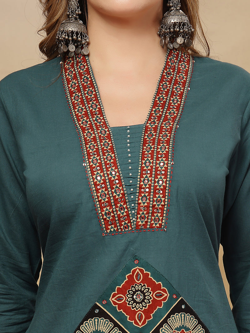 Stylum Women's Teal Solid Cotton A-Line Kurta Pant Dupatta Set (KPDTEALLIFAFA)