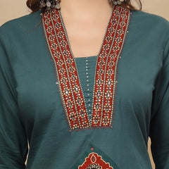 Stylum Women's Teal Solid Cotton A-Line Kurta Pant Dupatta Set (KPDTEALLIFAFA)