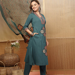 Stylum Women's Teal Solid Cotton A-Line Kurta Pant Dupatta Set (KPDTEALLIFAFA)