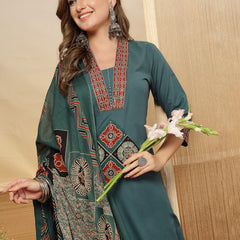 Stylum Women's Teal Solid Cotton A-Line Kurta Pant Dupatta Set (KPDTEALLIFAFA)
