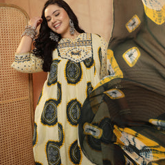 Stylum Women's Plus Size Teal Bandhej Printed & Embroidered Cotton A-Line Kurta Pant Dupatta Set (KPDTEALMISHRIPLUS)