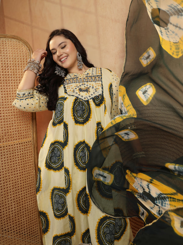 Stylum Women's Plus Size Teal Bandhej Printed & Embroidered Cotton A-Line Kurta Pant Dupatta Set (KPDTEALMISHRIPLUS)