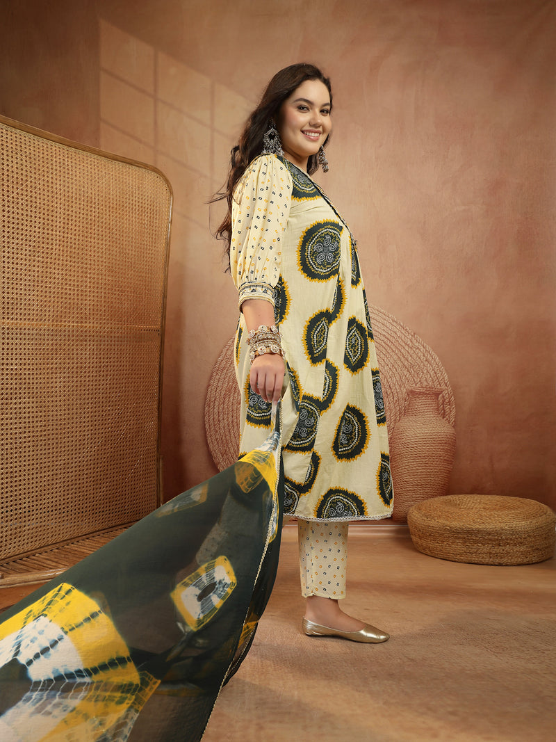 Stylum Women's Plus Size Teal Bandhej Printed & Embroidered Cotton A-Line Kurta Pant Dupatta Set (KPDTEALMISHRIPLUS)
